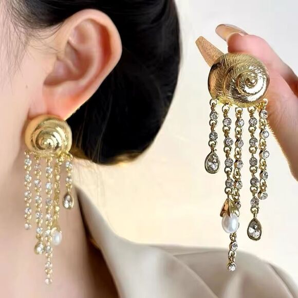 Gold Plated Spiral Conch Drop Earrings - Picture 1 of 13